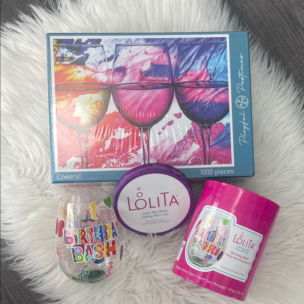 NWT Lolita Birthday Bash wine glass - playful wine puzzle